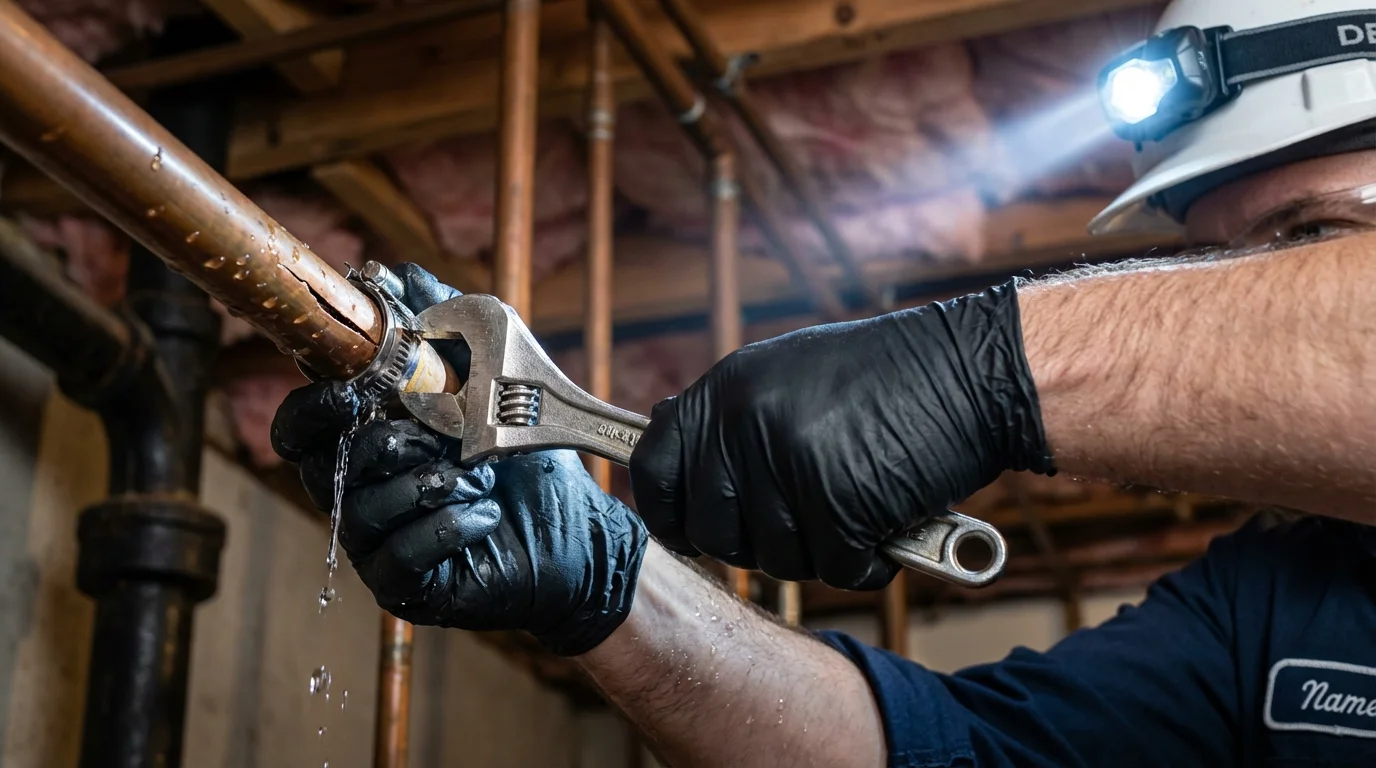 Emergency pipe clamp repair being performed by a Johns Plumbing LLC plumber in Rodeo