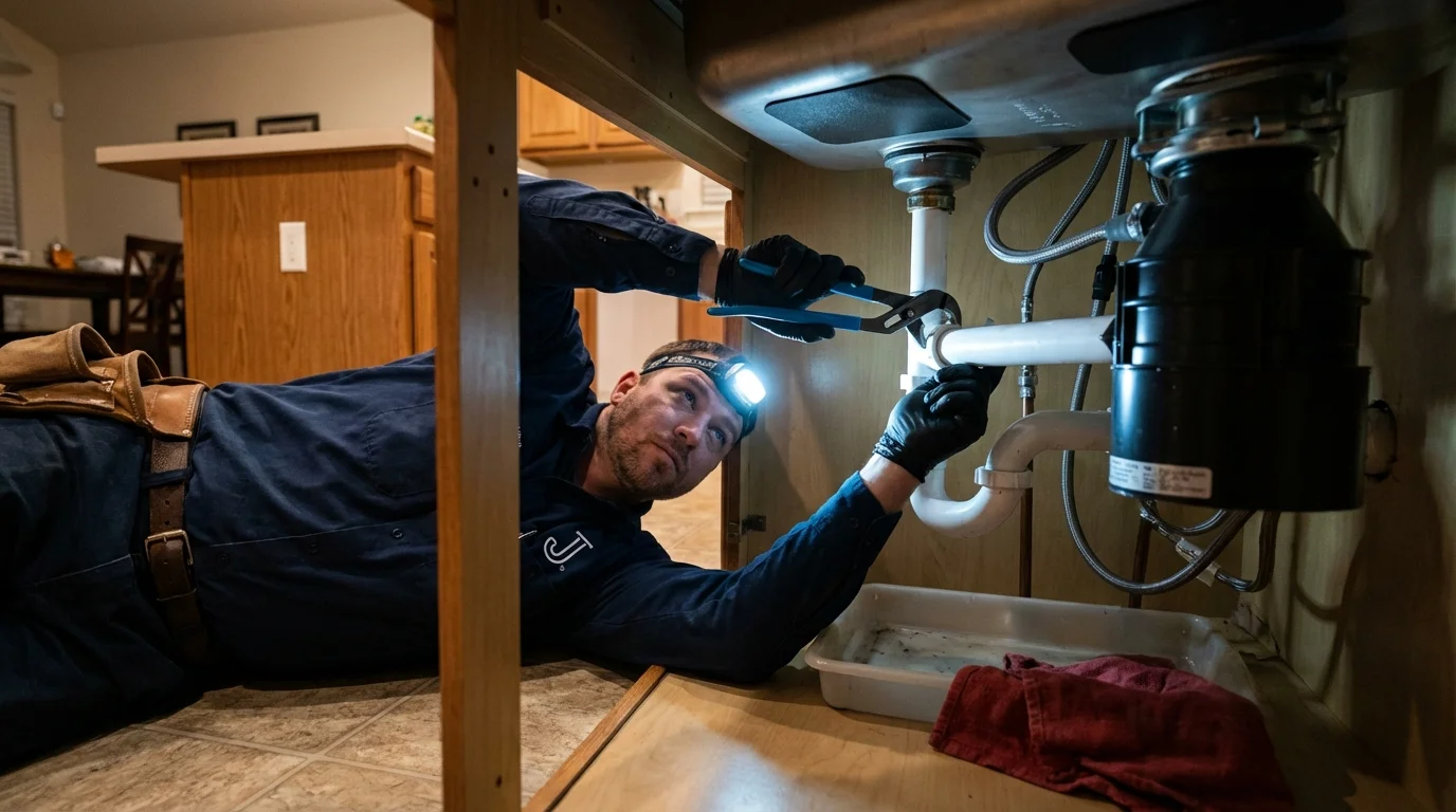 P-trap and supply line connections under a kitchen sink showing a common leak point in Rodeo, CA